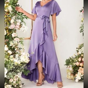 Women’s size Large purple Butterfly Sleeve Knot Front Ruffle Trim Wrap Dress